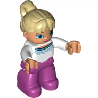 Duplo Figure with Ponytail Tan, with Magenta Legs, White Top with Blue Trim Design, Blue Crescent Eyes / White