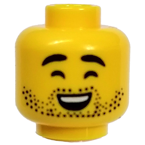 Lego Minifig Head Conservationist, Thick Eyebrows, Stubbled Beard, Close Eyes Laughing / Smile print / Yellow