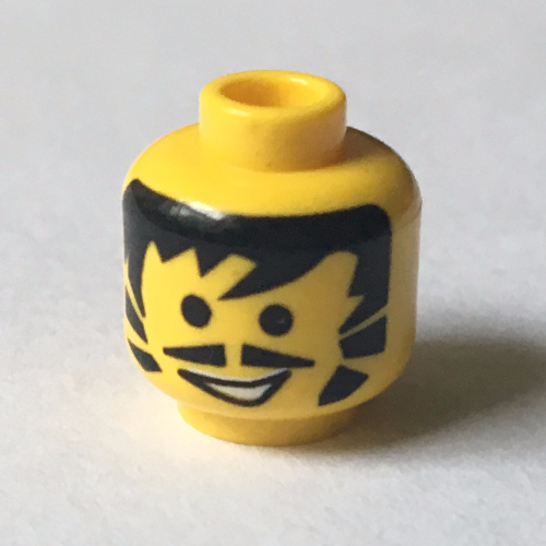 Lego Minifig Head Driver, Moustache Pointed, Black Hair and Sideburns, Open Mouth Print [Blocked Open Stud] / Yellow