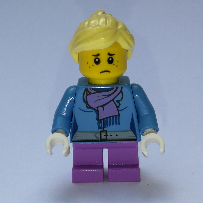 Lego Girl, Medium Blue Jacket with Medium Lavender Scarf, Short Medium Lavender Legs, Bright Light Yellow Hair