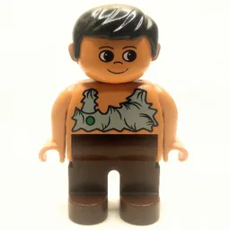 Duplo Figure, Early, with Short Parted Hair Black, Brown Legs, Rag Shirt with Green Spot Print (Caveman) / Nougat
