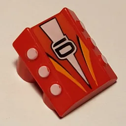 Brick Sloped 2 x 2 No Studs, with 3 Side Pistons Raised Edges and '6', White Triangle and Orange Stripes Print / Red