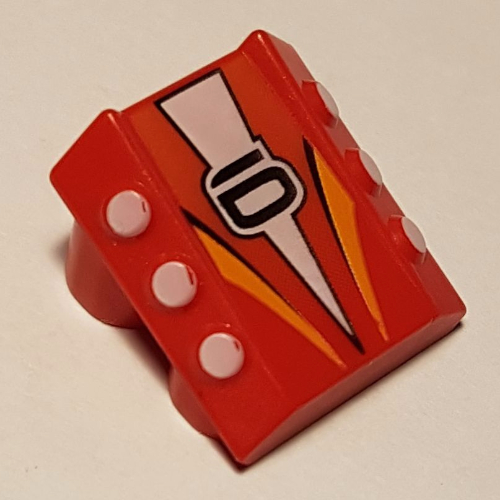 Lego Brick Sloped 2 x 2 No Studs, with 3 Side Pistons Raised Edges and '6', White Triangle and Orange Stripes Print / Red
