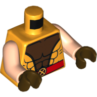 Lego Torso Muscles with Dark Brown Center and Red Belt with Buckle Print, Light Nougat Arms, Dark Brown Hands / Bright Light Orange