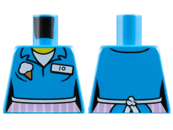 Lego Torso Female Shirt with Ice Cream Cone, 'JO' Name Tag, White Apron with Bright Pink Stripes, Yellow Neck Pattern