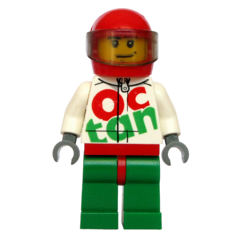 Lego Racer, White and Green Jumpsuit with Large 'Octan', Red Helmet with Visor, Stubble