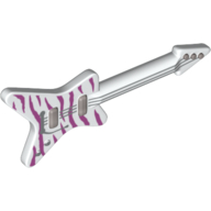 Lego Musical Instrument Guitar Electric 'ML' Type with Magenta Tiger Stripes and Silver Strings, Bridge and Whammy Bar Print / White