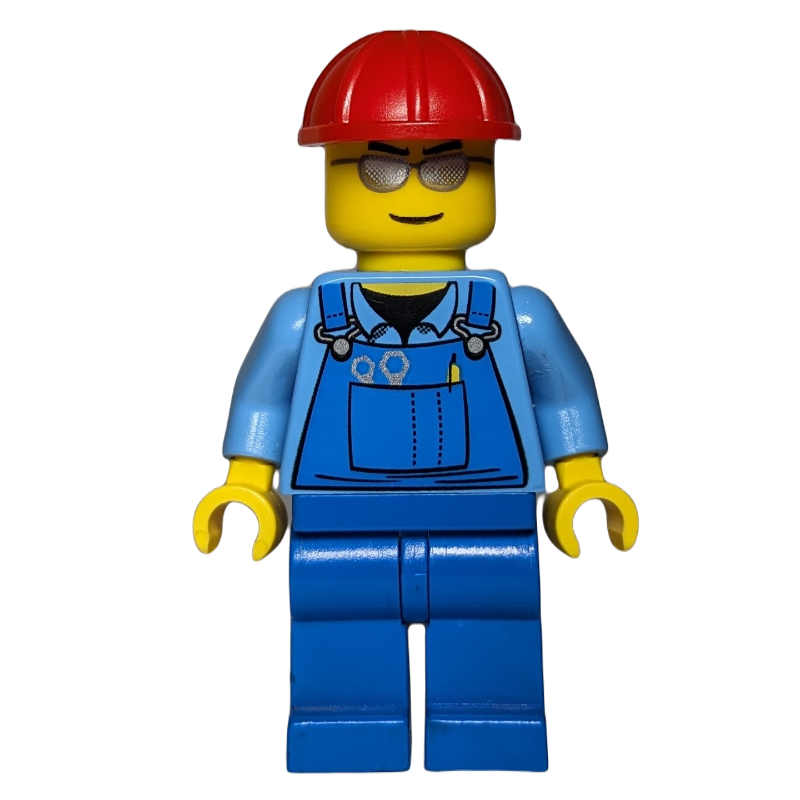 Lego Construction Worker, Blue Overalls over Medium Blue Shirt, Red Hard Hat, Silver Sunglasses