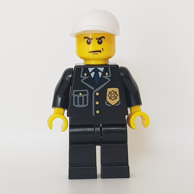 Lego Policeman, Black Jacket with Pocket and Badge, White Cap