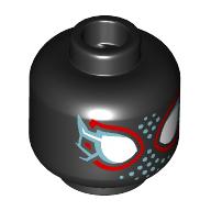 Lego Minifig Head Miles Morales, White Spider Eyes, Metal Blue Lightning Bolts, Dots, Red Border / Black