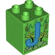 Duplo Brick 2 x 2 x 2 with 'J' and Jungle Print / Bright Green