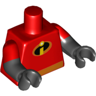 Lego Torso, Dual Molded Arms, 'I' Incredibles Suit, Orange Belt Print, Red Sleeves Pattern, Black Arms and Hands / Red