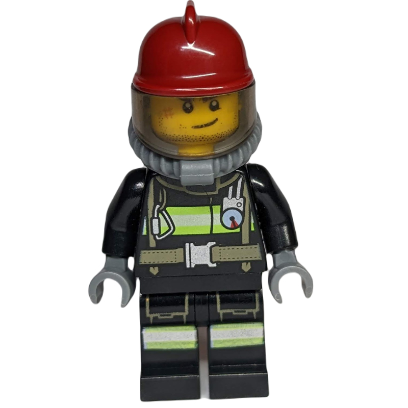 Lego Fireman, Black Fire Suit with Gauge and Straps, Dark Red Helmet, Breathing Apparatus, Airtanks, Stubble and Scar