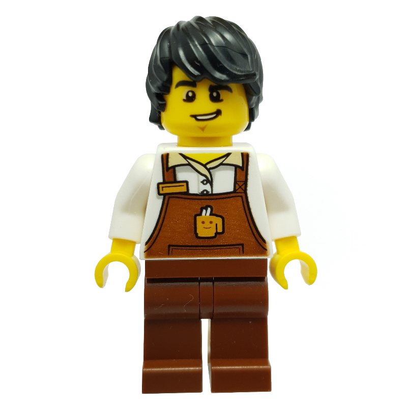 Lego Barista, Man, White Torso, Reddish Brown Apron, Black Hair