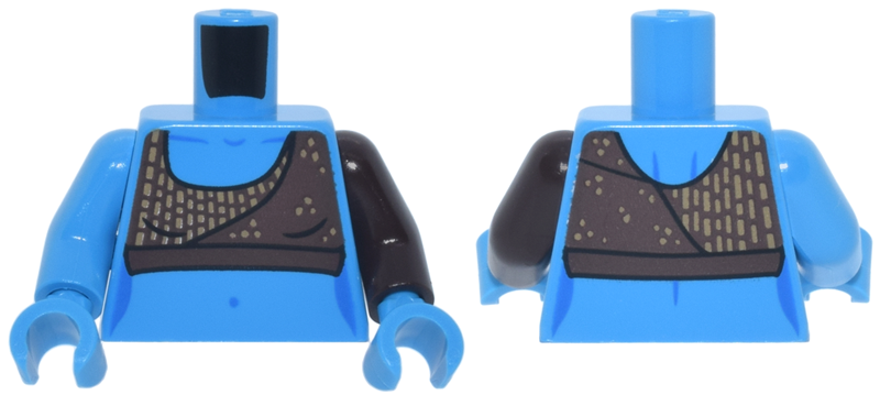 Lego Torso Female SW Wrap Halter Top with Tan Dotted Lines, Bare Skin, Blue Collar Bone and Navel Pattern / Dark Brown Arm Left / Dark Azure Arm Right / Dark Azure Hands