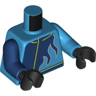 Lego Torso, Odd Arms, Dark Blue Flames, Lime Trim print, Left Dark Azure Arm, Right Dark Blue Arm, Black Hands / Dark Azure