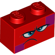 Lego Brick 1 x 2 with Angry/Disgruntled Face, Blue Eyes, Crooked Mouth / Red