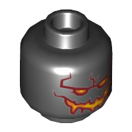 Lego Minifig Head Moltor, Yellow Eyes, Dark Red, Orange and Yellow Wide Grin and Cracks on Back Print [Hollow Stud] / Black