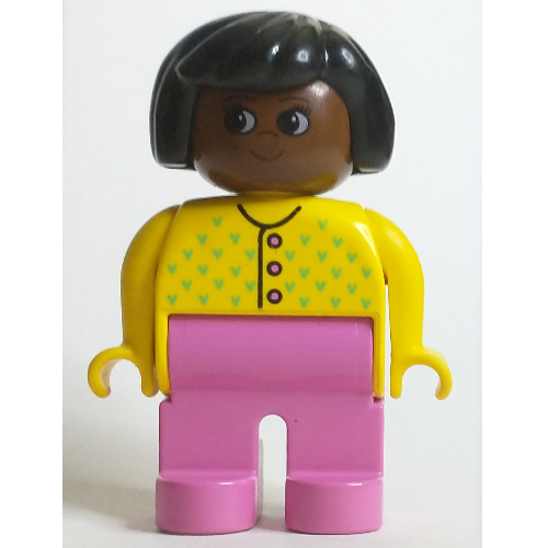 Lego Duplo Figure, Early, Hair Bob Black, Dark Pink Legs, Buttons and Medium Green Flowers Print / Yellow