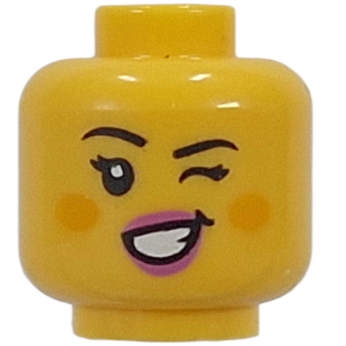 Lego Minifig Head Cute Witch, Bright Pink Lips, Cheeks, Open Mouth Smile / Wink / Yellow
