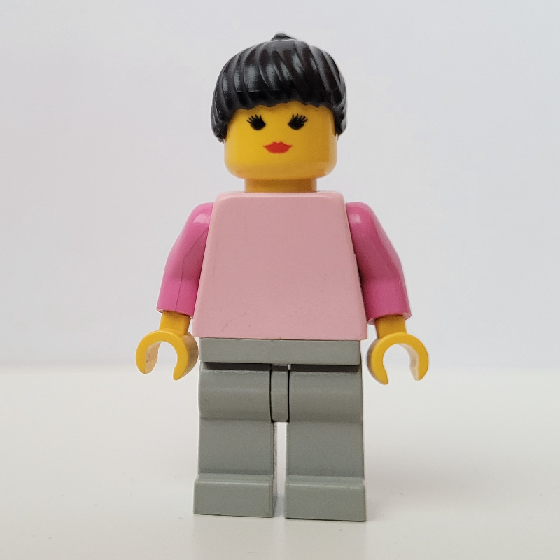 Lego Pink Torso, Light Grey Legs, Black Hair