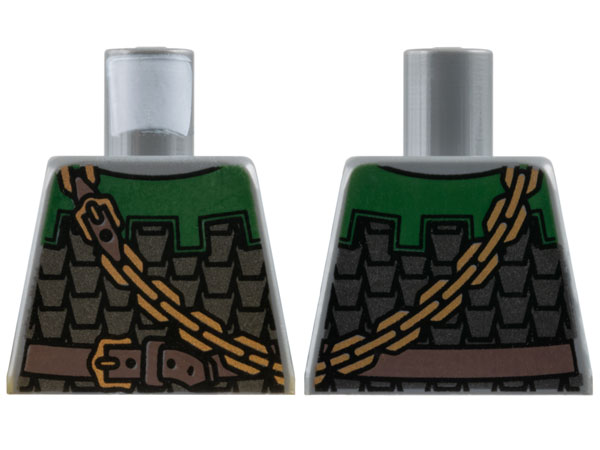 Lego Torso Castle Kingdoms Dark Silver Scale Mail Armor with Dark Green Collar, Dark Brown Belt with Gold Buckle, Chain Pattern