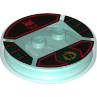 Function Brick Round 4 x 4 x 2/3 with 2 Studs and Gold Nya Symbol and Red Ninja Symbol Print / Trans-Light Blue