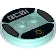 Function Brick Round 4 x 4 x 2/3 with 2 Studs and Bad Cop Symbol and White 'BC01' Print / Trans-Light Blue