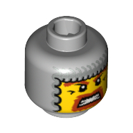 Lego Minifig Head Warrior, Chain Mail Balaclava, Brown Beard and Eyebrows, Gritted Teeth, White Pupils Print [Blocked Open Stud] / Light Bluish Gray