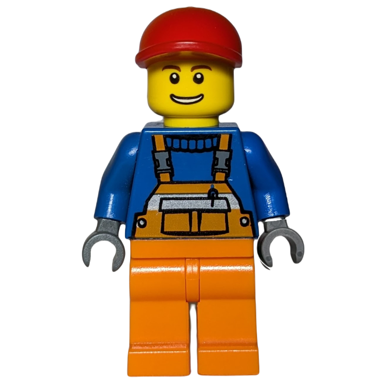 Lego Construction Worker, Orange Overalls over Blue Sweater, Red Cap