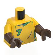 Lego Torso, Dual Molded Arms with Football Shirt, Green Shapes, '7', 'VINI JR.' print, Yellow Sleeves Pattern, Umber Brown Arms and Hands / Yellow