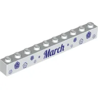 Brick 1 x 10 with Dark Purple 'March' and 'April' on Opposite Sides Print / White