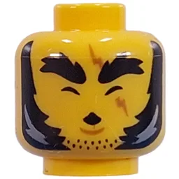 Minifig Head, Thick Black Eyebrows, Sideburns, Stubbled Beard, Scar Across Eye, Mean Stare, Crooked Mouth with Fang / Closed Eyes, Whistling / Yellow