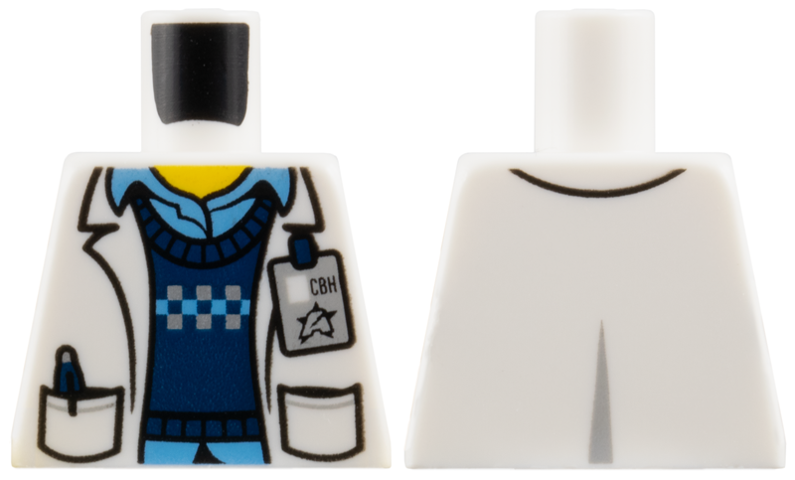 Lego Torso Lab Coat with Pockets over Dark Blue Sweater and Medium Blue Shirt, ID Badge with Ultra Agents Logo Pattern (Christina Hydron)
