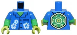 Torso Hawaiian Shirt with Dark Blue Pocket and Collar, Black Buttons and White Flowers and Turtle Shell over Bright Green Skin Pattern / Bright Green Arms with Molded Blue Short Sleeves Pattern / Lime Hands
