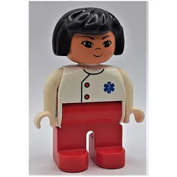 Duplo Figure, Early, Hair Bob Black, Red Legs, Two Red Buttons and Blue EMT Star of Life Print / White