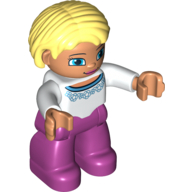 Lego Duplo Figure Bob / Pageboy Hair Light Yellow, with Magenta Legs, White Sweater with Blue Print, Blue Eyes / White