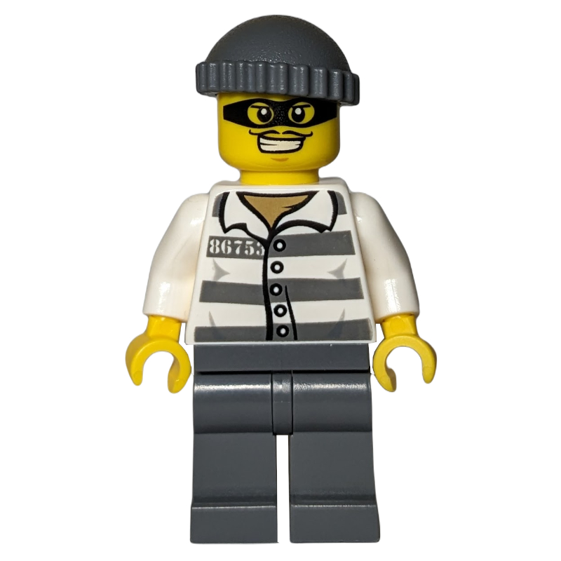 Lego Criminal, Prison Shirt with #86753, Dark Bluish Gray Legs, Dark Bluish Gray Hat, Black Eyemask
