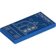 Tile 2 x 4 with 'STATION', BluePrint Print / Blue