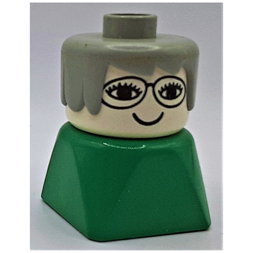 Lego Duplo 2 x 2 x 2 Figure Brick Early, Long Swept Hair Light Gray, Glasses Print / Green