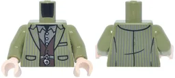 Torso Suit Jacket Open, Dark Bluish Gray Pinstripes, Dark Brown Vest, Silver Waistcoat Chain over Striped Shirt with Collar Pattern / Olive Green Arms / Light Nougat Hands / Olive Green