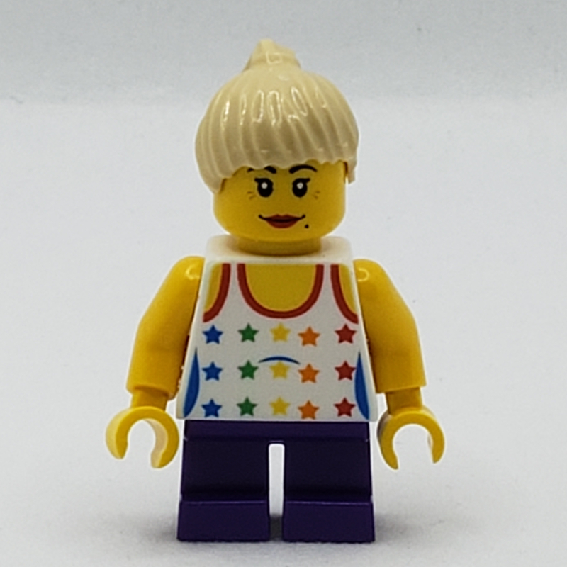 Lego Girl, Tank Top with Rainbow Colored Stars, Short Dark Purple Legs, Tan Hair