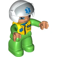 Duplo Figure with Helmet with Open Visor, White Helmet with EMT Star of Life Logo, Bright Green Legs & Jumpsuit with Yellow Vest / Bright Green
