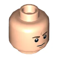 Minifig Head, Dark Brown Furrowed Eyebrows, White Pupils, Straight Line Mouth (Frown) and Curved Chin Line Print / Light Nougat