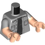 Lego Torso, Dual Molded Arms with Jacket, Pockets, Black Shirt print, Light Bluish Gray Sleeves Pattern, Light Nougat Arms and Hands / Light Bluish Gray