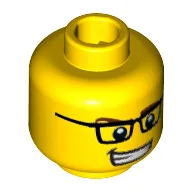 Minifig Head Video Game Guy, Rectangular Glasses, Brown Eyebrows, Open Mouth Smile with Teeth, White Pupils Print [Hollow Stud] / Yellow