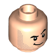 Lego Minifig Head Punisher, Beard Stubble, Smile with Raised Left Eyebrow / Angry with Band Aid and Scars Print / Light Nougat
