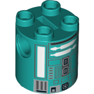 Lego Brick Round 2 x 2 x 2 Robot Body, Axle Holder '+' Orientation with White and Silver Astromech Droid Print (K3-R1) / Dark Turquoise