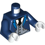 Lego Torso Tuxedo Coat with Blue Lapels over Light Bluish Gray Pinstripe Vest, Black Tie Print (Alfred Pennyworth), Dark Blue Arms, White Hands / Dark Blue