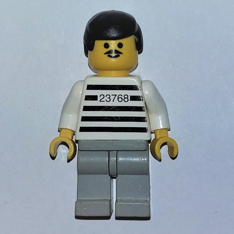 Lego Jailbreak Joe, Prison Shirt with #23768, Light Bluish Gray Legs, Black Hair, Moustache